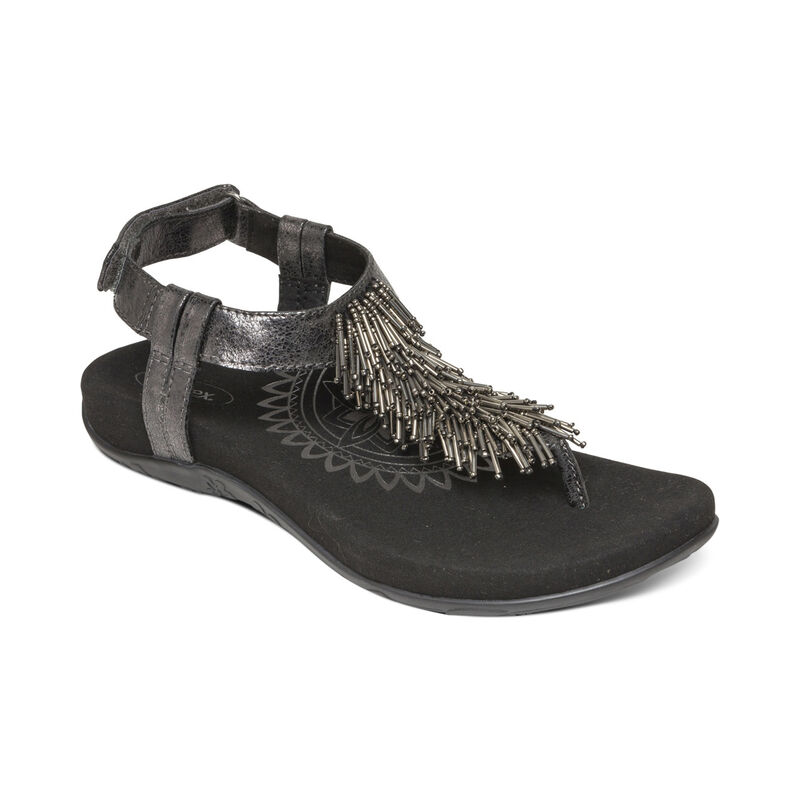 Aetrex Womens Portia Fringe Slingback Thong Sandals Black - ajlZ1WL5M